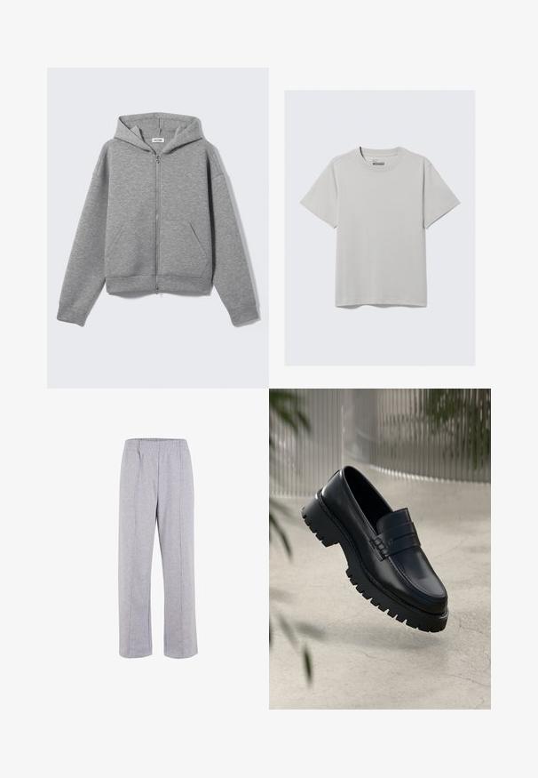 Sudadera con capucha y cremallera en gris claro, con bolsillos delanteros, mostrada extendida sobre un fondo claro.; Camiseta de algodón gris claro con cuello redondo y mangas cortas, que presenta un diseño minimalista y un corte relajado. Sin estampados ni acentos.; Pantalones de chándal de algodón ligero en color gris, con cintura elástica, piernas rectas y costuras visibles. Sin bolsillos ni adornos.; Mocasines de cuero negro con suela gruesa, que presentan una correa decorativa y detalles de costura. Textura suave con un acabado pulido.