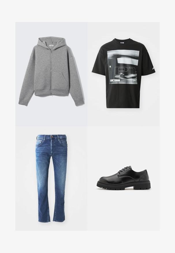 Lysegrå lynlåshoodie med forlommer og hætte, vist fladt på en lys baggrund.; Sort bomulds T-shirt med grafisk tryk, der inkluderer tekstelementerne "FORMULA 1 RACING" og "P1." Rund hals og korte ærmer.; Mørkeblå denim jeans med lige ben-design, der har fem lommer, en brun knaplukning og diskret lys udtoning ved lårene.; Sorte lædersko med rund tå, snørelukning og en tykk, struktureret gummisål. Har syninger langs kanten og en glat overflade.