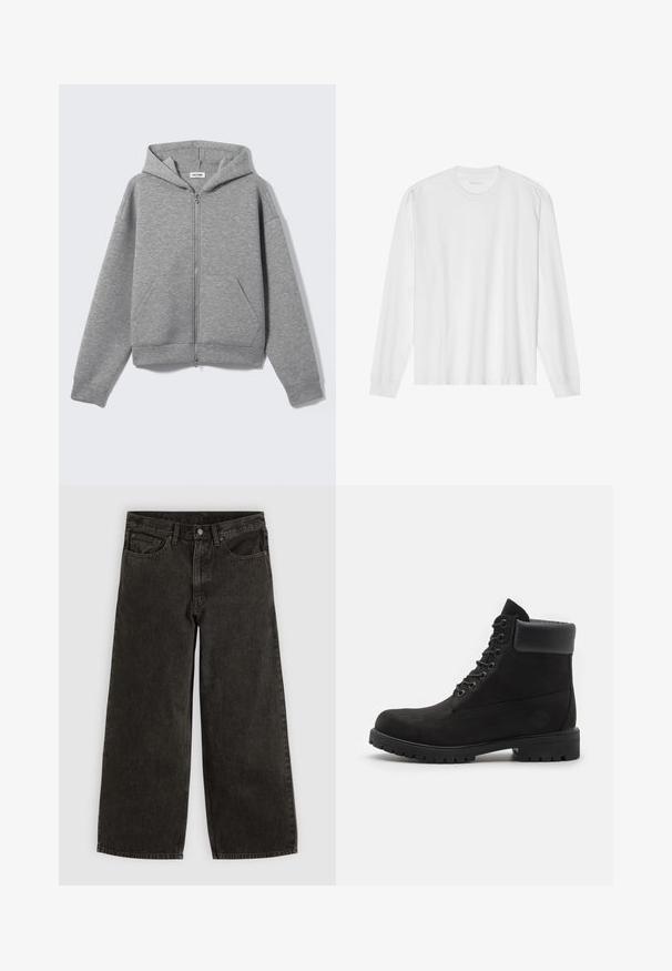 Lichtgrijze hoodie met ritssluiting, voorzakken en capuchon, plat uitgestald op een lichte achtergrond.; Wit, lang katoen T-shirt met lange mouwen en ronde hals, met geribde manchetten en een rechte zoom, een gladde textuur en een minimalistisch ontwerp.; Zwarte jeans met wijde pijpen, voor met knoop en rits, riemlussen en vijf zakken, plat neergelegd op een witte achtergrond.; Zwarte enkellaars met vetersluiting, voorzien van een gevoerde kraag en een robuuste zool, weergegeven in profiel tegen een witte achtergrond.