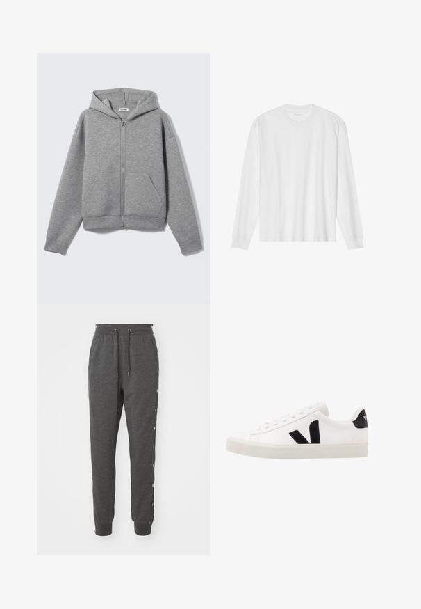 Sweat à capuche zippé gris clair avec poches avant et capuche, présenté à plat sur un fond clair.; T-shirt blanc en coton à manches longues avec col rond, doté de poignets côtelés et d'un ourlet droit, texture lisse et design minimaliste.; Pantalon de survêtement gris en tissu doux, avec une taille élastique à cordon de serrage, des poignets aux chevilles et des boutons-pression sur les côtés pour un accès facile.; Sneaker blanche en cuir avec des accents en daim noir ; dispose d'une semelle en caoutchouc, d'un bout rond et d'un design classique à lacets. Logo latéral en noir.