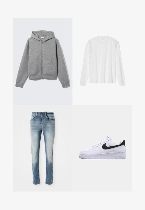 Sweat à capuche zippé gris clair avec poches avant et capuche, présenté à plat sur un fond clair.; T-shirt blanc en coton à manches longues avec col rond, doté de poignets côtelés et d'un ourlet droit, texture lisse et design minimaliste.; Jeans en denim bleu clair avec un design classique à cinq poches, une décoloration subtile et une coupe droite. Comprend une fermeture à bouton et des passants de ceinture.; Sneaker en cuir blanc avec un Swoosh noir texturé, des lacets plats et une semelle en caoutchouc avec un motif strié. "AIR" est embossé sur le talon.