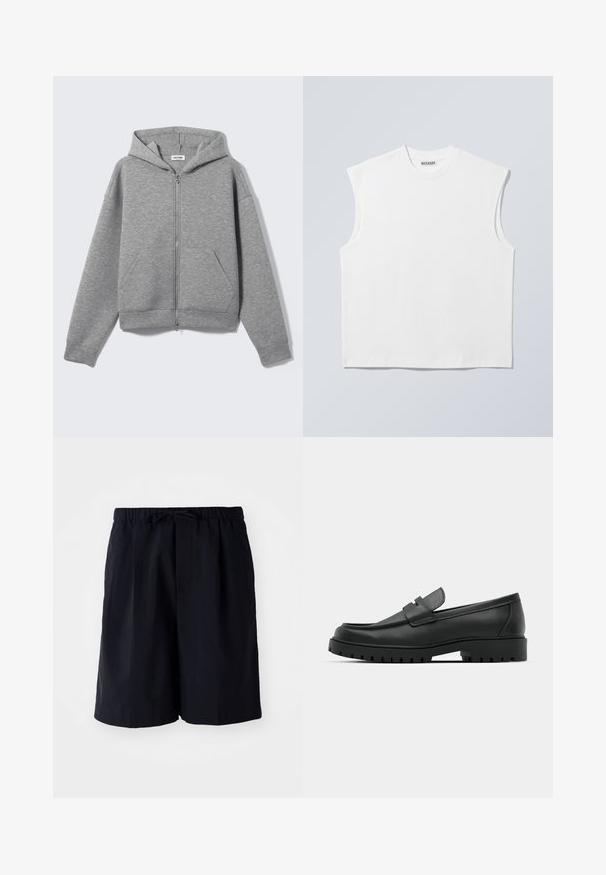 Sweat à capuche zippé gris clair avec poches avant et capuche, présenté à plat sur un fond clair.; Haut blanc sans manches en coton à col rond avec épaules structurées, marqué "WEEKDAY" sur l'étiquette du col, présenté sur un fond gris clair.; Shorts bleu marine en tissu léger, dotés d'une taille élastique avec cordon de serrage et de deux poches latérales, coupe droite.; Mocassins en cuir noir à bout arrondi, avec un design cousu, une semelle plateforme basse et une semelle en caoutchouc texturée et crantée.