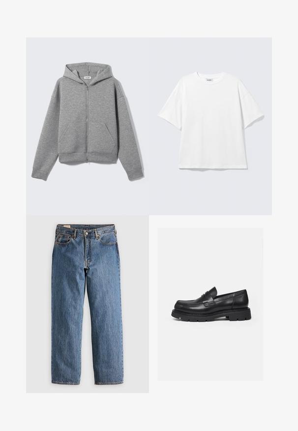 Lichtgrijze hoodie met ritssluiting, voorzakken en capuchon, plat uitgestald op een lichte achtergrond.; Witte oversized T-shirt met korte mouwen, ronde hals en verlaagde schouders, plat op een lichtgrijze achtergrond.; Blauwe denim jeans met een rechte snit, met een hoge taille, koperen klinknagels en oranje stiksels. Voor- en achterzakken inbegrepen.; Zwarte leren loafer met dikke geribbelde zool en pennyriemdetail, getoond in rechter zijprofiel op witte achtergrond.