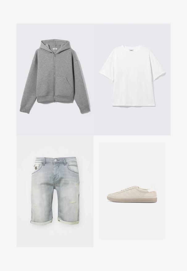 Sweat à capuche zippé gris clair avec poches avant et capuche, présenté à plat sur un fond clair.; T-shirt blanc oversize à manches courtes, col rond, épaules tombantes, posé à plat sur fond gris clair.; Shorts en denim bleu clair avec un délavage usé, des revers roulés, des poches avant et des détails déchirés sur la cuisse. Fermeture à bouton à la taille.; Baskets en daim beige avec une tige texturée, un contrefort de talon blanc lisse, de fines lacets et une semelle extérieure en caoutchouc. Présente un design bas profil.