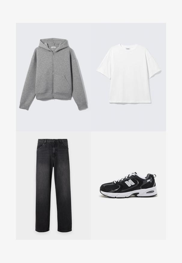 Lysegrå lynlåshoodie med forlommer og hætte, vist fladt på en lys baggrund.; Hvid oversized t-shirt med korte ærmer og rund halsudskæring med sænkede skuldre, fladt lagt på lys grå baggrund.; Mørkegrå denim jeans med lige ben, der har lynlås i gylpen, fem lommer og diskrete falmende detaljer på stoffet.; Sorte og grå sportssko med mesh og ruskind på overdelen, der har en hvid mellemsål, snørebånd og et iøjnefaldende "N" logo på siden.