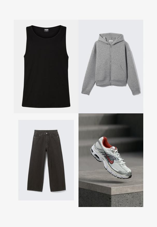 Lichtgrijze hoodie met ritssluiting, voorzakken en capuchon, plat uitgestald op een lichte achtergrond.; Zwarte tanktop gemaakt van zachte katoenstof. Beschikt over een ronde halslijn en ruime armsgaten, zonder zichtbare patronen of accenten.; Wijdbenige zwarte denim jeans hebben een hoge taille, vijf zakken en een knoopsluiting. De stof heeft een zachte, gestructureerde afwerking.; Witte en zilveren Nike hardloopschoen met rode accenten die zweeft boven een betonnen rand, waarbij de zijkant en zool details worden getoond.
