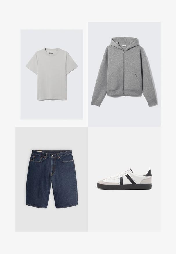 Sweat à capuche zippé gris clair avec poches avant et capuche, présenté à plat sur un fond clair.; T-shirt en coton gris clair avec un col rond et des manches courtes, arborant un design minimaliste et une coupe décontractée. Aucun motif ni accent.; Shorts en denim bleu foncé, présentant un design classique avec cinq poches, des coutures surpiquées, une fermeture à bouton et des poches arrière incurvées.; Baskets blanches avec des accents noirs et gris, présentant un embout texturé gris, une semelle en caoutchouc noir et des lacets plats blancs. Design épuré, style minimaliste.