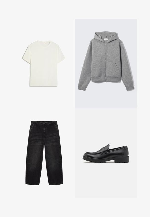 Sweat à capuche zippé gris clair avec poches avant et capuche, présenté à plat sur un fond clair.; T-shirt blanc uni à manches courtes et col rond, posé à plat, en tissu lisse avec une coupe décontractée et sans motifs ni logos visibles.; Jean en denim noir taille haute à jambes larges avec poches avant, passants pour ceinture, et détails légèrement délavés sur les cuisses.; Mocassins en cuir noir avec un bout arrondi, un design à enfiler et une semelle en caoutchouc épaisse avec une texture antidérapante. Talon surélevé et détails de surpiqûre subtils.