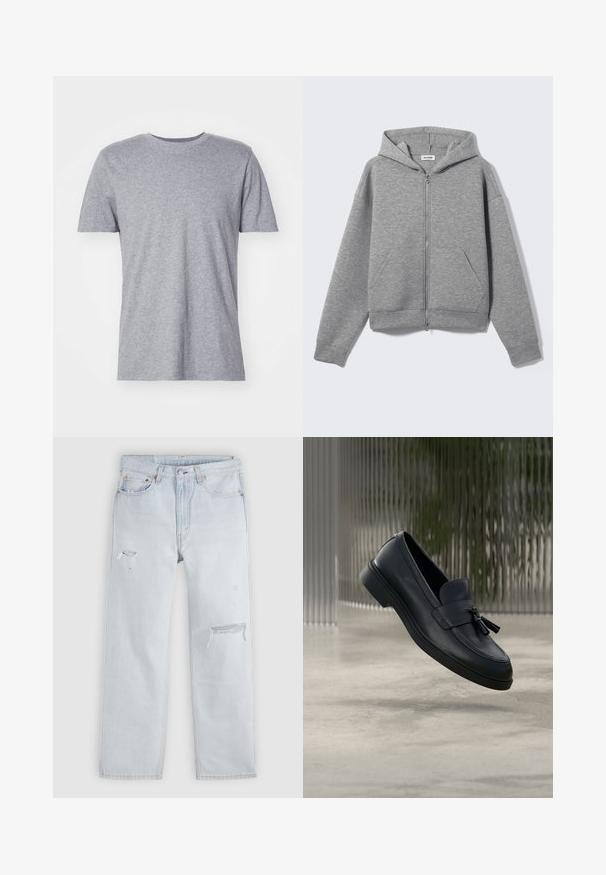 Sudadera con capucha y cremallera en gris claro, con bolsillos delanteros, mostrada extendida sobre un fondo claro.; Camiseta gris de manga corta hecha de una mezcla de algodón, con un clásico cuello redondo y una textura lisa y suave.; Jeans de denim azul claro con corte recto, presentando detalles desgastados y áreas deshilachadas. Diseño estándar de cinco bolsillos con remaches de metal.; Mocasines de cuero negro con textura suave, punta redondeada y borlas decorativas en el frente. Suela de goma flexible con tacón bajo.