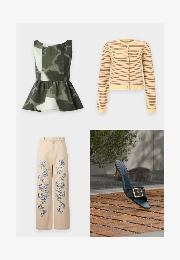Gul strikket cardigan med lange ærmer, horisontale brune striber, rund halsudskæring, knaplukning foran og ribbede ærmekanter og kant forneden.; Peplum-top lavet af camouflagemønstret stof i grønne og beige nuancer, med en tætsiddende overdel og en fladret, rynket kant.; Beige bukser med vide ben med blå og grå blomsterbroderi, der løber vertikalt på begge ben, med frontlommer og knaplukning.; Marineblå højhælet sandal med en guldbeklædt spænde på et træblokgulv, sat mod en sløret udendørs baggrund med grønt miljø.