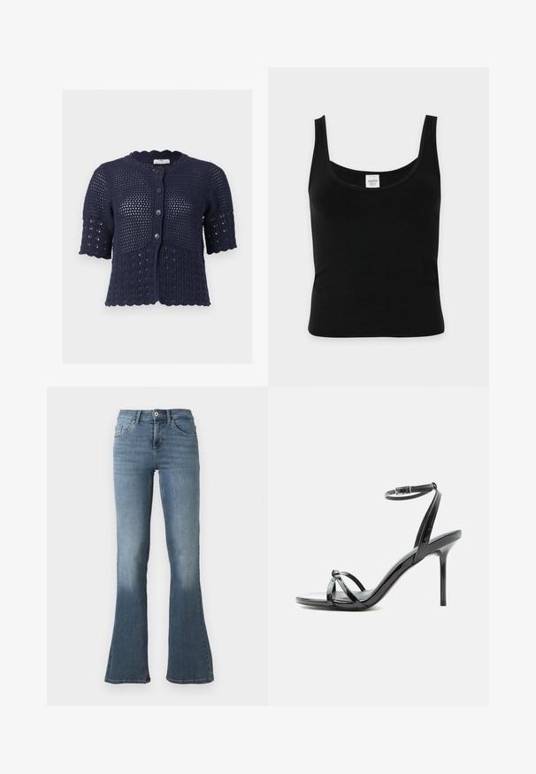 Marineblå kortærmet strikcardigan med knapper foran, bølget kant og et tekstureret hulmønster over det hele.; Sort ærmeløs dame tanktop med rund halsudskæring vist fladt på en hvid baggrund.; Lyseblå jeans i denim med høj talje, knap- og lynlåslukning, lommer foran og bagpå samt vide ben.; Sort laklæder høje hæle sandal med tynde remme, der krydser tæerne, og en ankel spænde rem på en hvid baggrund.