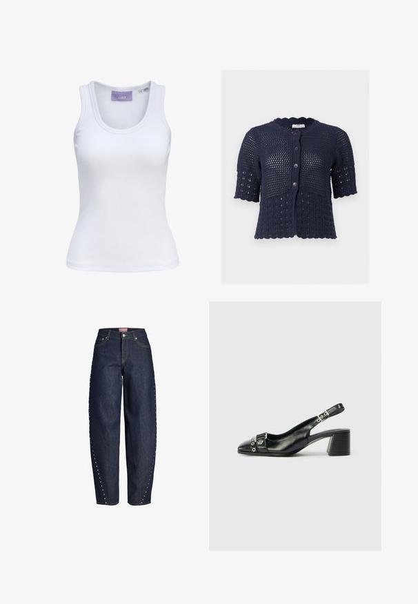 Cárdigan de punto azul marino de manga corta con botones delanteros, bordes festoneados y un patrón ajour texturizado en toda la prenda.; Camiseta sin mangas blanca acanalada con escote redondo y pequeña etiqueta de talla en el interior del cuello.; Vaqueros de pierna ancha en azul oscuro con cintura alta, cierre frontal de botón y cremallera, y tachuelas plateadas a lo largo de las costuras exteriores.; Tacón slingback de cuero negro con punta afilada, correa texturizada con acentos metálicos circulares y tacón cuadrado apilado.
