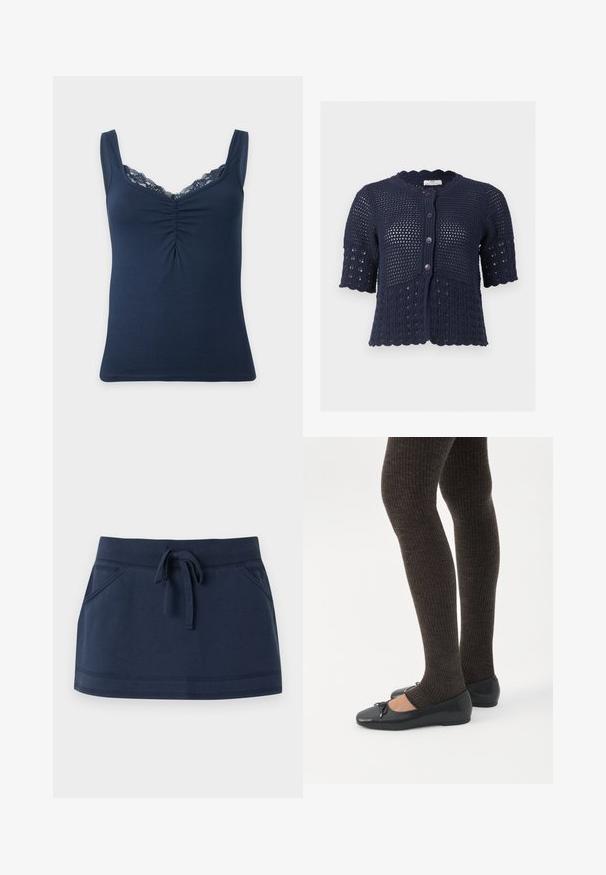 Navy blue short-sleeve knit cardigan with button front, scalloped edges, and a textured openwork pattern throughout.; Navy blue sleeveless women's top with lace trim neckline and gathered detail at the center front.; Navy blue mini skirt with elastic waistband, front drawstring, and front pockets, made of soft knit fabric.; Legs wearing dark ribbed leggings paired with black ballet flats featuring small bow details on a white background.
