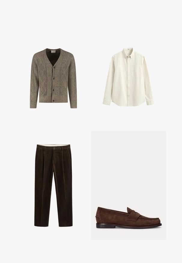 Bruine gebreide cardigan met ruitpatroon, V-hals, geribbelde mouwen en zoom, en een sluiting aan de voorkant met vier donkere knopen.; Wit overhemd met lange mouwen met dunne verticale grijze strepen, knoopsluiting aan de kraag, borstzak en knoopsluiting in het midden.; Donkerbruine corduroy broek met voorzakken, ceintuurlussen en een knoopsluiting op een effen achtergrond.; Bruine suède penny loafer met lage hak en zichtbare stiksels langs de neus, zijkant en achterkant, weergegeven op een effen lichte achtergrond.