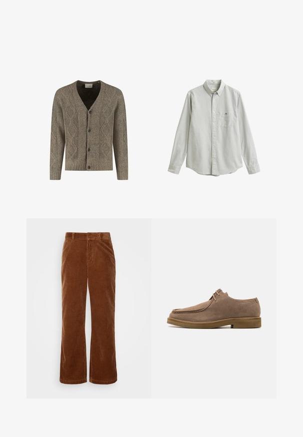 Brun strikket cardigan med diamantmønster, V-udskæring, ribbede manchetter og kant, samt frontknaplukning med fire mørke knapper.; Langærmet skjorte med knapper, lysegrå og hvide lodrette striber, krave, brystlomme og knappede manchetter.; Brune fløjl bukser med et bredbenet design, der har vertikalt ribbet tekstur, en knaplukning og standard bælteløkker.; Zign LEATHER - Sporty snøresko - taupe