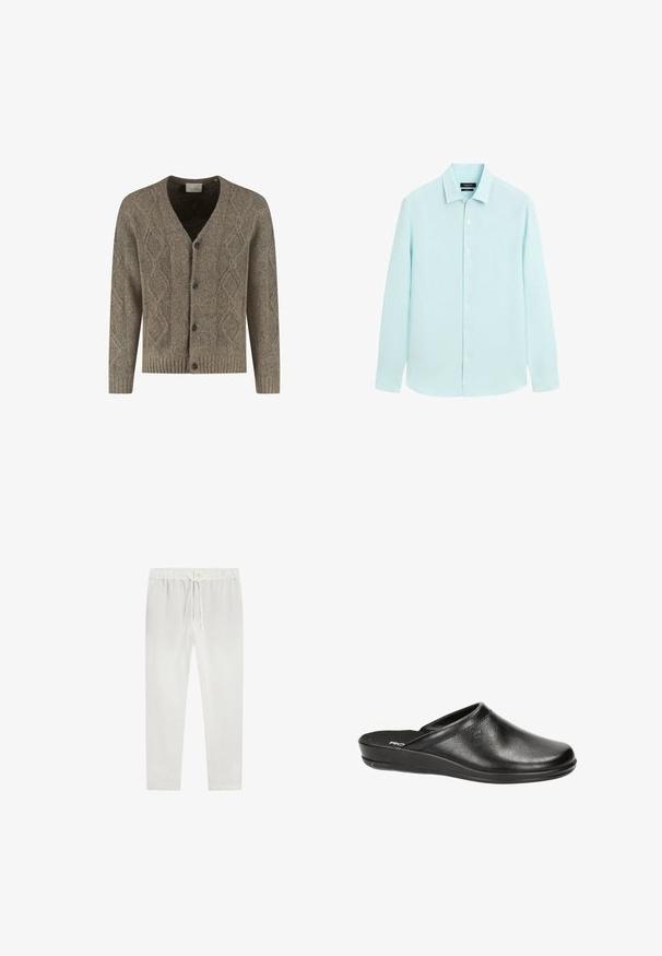 Bruine gebreide cardigan met ruitpatroon, V-hals, geribbelde mouwen en zoom, en een sluiting aan de voorkant met vier donkere knopen.; Lichtblauw overhemd met lange mouwen, kraag en witte knopen, afgebeeld op een eenvoudige witte achtergrond.; Witte casual broek met elastische tailleband en koord, rechte pijpen en voorzakken.; Zwarte leren klompen met een ronde neus, lage hak en instapontwerp. Kenmerkt zich door een gladde textuur en subtiele stikseldetails op de bovenkant.