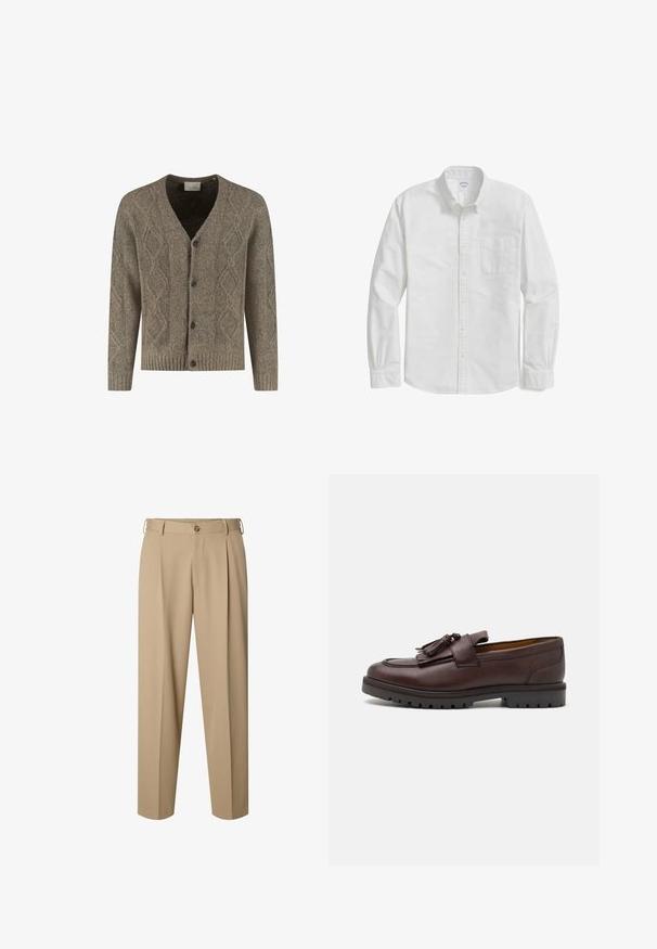 Bruine gebreide cardigan met ruitpatroon, V-hals, geribbelde mouwen en zoom, en een sluiting aan de voorkant met vier donkere knopen.; Witte lange mouwen overhemd met knopen, gemaakt van katoen, met een zak op de linkerkant van de borst, een afgeronde zoom en met knopen sluitende manchet.; Beige op maat gemaakte broek met voorplooien, riemlussen, knoopsluiting en rechte pijpen.; Zign by Zalando Zakelijke loafers - brown
