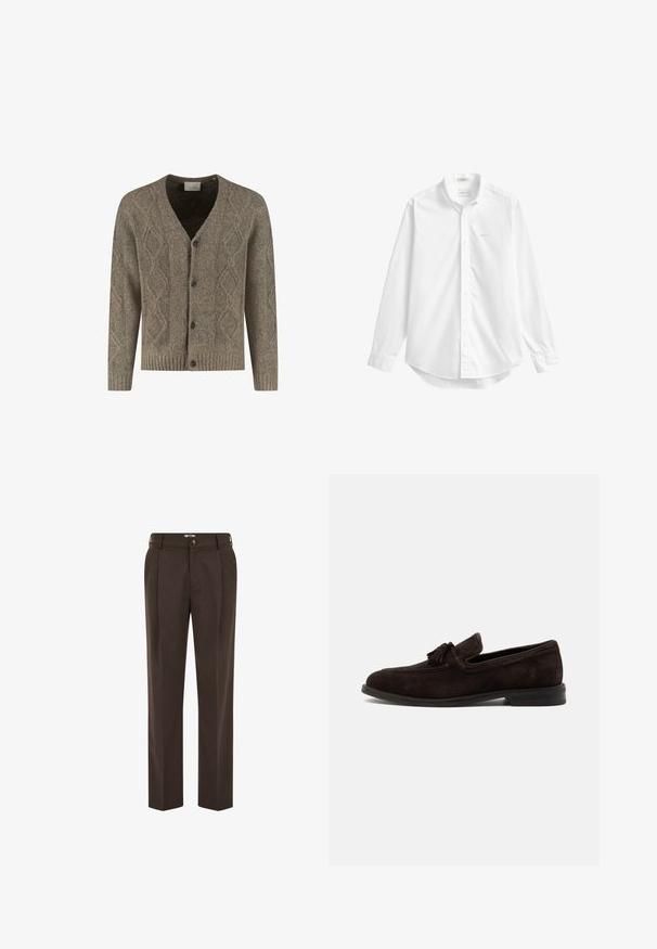 Cardigan en tricot marron avec motif en losange, col en V, poignets et ourlet côtelés, et fermeture à bouton sur le devant avec quatre boutons sombres.; Chemise blanche à manches longues boutonnée avec un col, petit logo brodé sur la poitrine et ourlet arrondi.; Pantalon marron foncé sur mesure avec plis à l'avant, passants de ceinture, fermeture par bouton et coupe droite.; Mocassin homme en daim brun foncé avec pompons, coutures apparentes et petit talon, présenté de profil sur un fond uni.