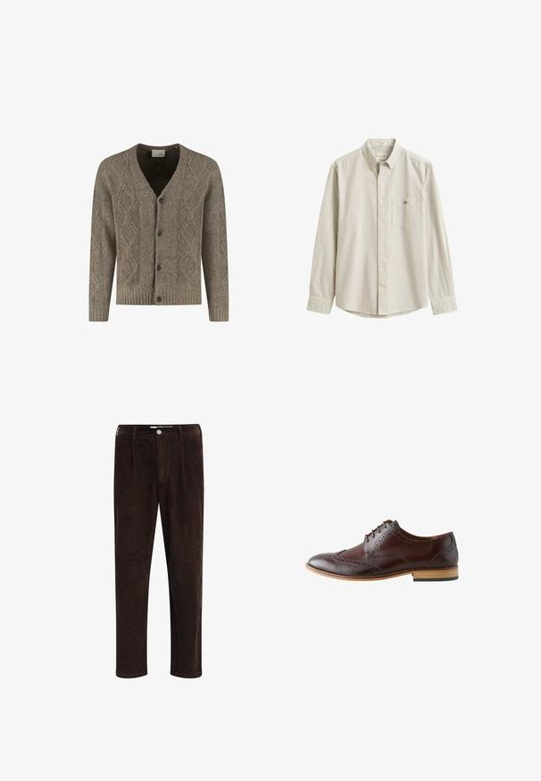 Cardigan en tricot marron avec motif en losange, col en V, poignets et ourlet côtelés, et fermeture à bouton sur le devant avec quatre boutons sombres.; Chemise beige et blanche à rayures verticales, à manches longues, boutonnée, avec col et poche poitrine, présentée à plat sans personne.; Redefined Rebel JOHN COMFORT FIT - Pantalon classique - demitasse; Chaussure habillée brogue en cuir brun foncé avec détails à bout ailé, laçage fermé et semelle en bois clair, vue de côté extérieur.