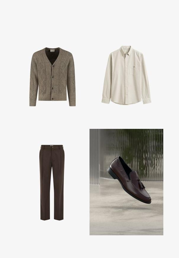 Cardigan en tricot marron avec motif en losange, col en V, poignets et ourlet côtelés, et fermeture à bouton sur le devant avec quatre boutons sombres.; Chemise beige et blanche à rayures verticales, à manches longues, boutonnée, avec col et poche poitrine, présentée à plat sans personne.; Pantalon marron foncé sur mesure avec plis à l'avant, passants de ceinture, fermeture par bouton et coupe droite.; Mocassins en cuir marron à texture lisse, ornés de glands décoratifs et d'une couture surélevée, présentés sur un fond minimaliste.
