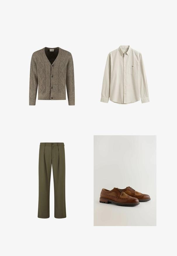Cardigan en tricot marron avec motif en losange, col en V, poignets et ourlet côtelés, et fermeture à bouton sur le devant avec quatre boutons sombres.; Chemise beige et blanche à rayures verticales, à manches longues, boutonnée, avec col et poche poitrine, présentée à plat sans personne.; Pantalons vert olive avec une coupe ajustée, présentant des plis à l'avant, une fermeture à bouton et des jambes droites. Texture de tissu lisse.; Chaussures en cuir marron avec des détails de brogue, une texture lisse, un design à lacets et une semelle en caoutchouc épaisse pour une meilleure adhérence.