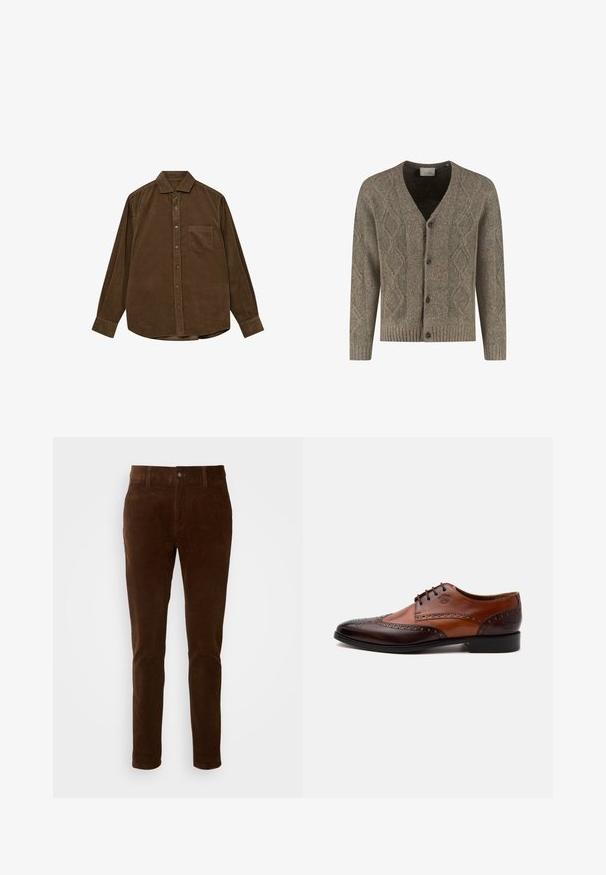 Brun strikket cardigan med diamantmønster, V-udskæring, ribbede manchetter og kant, samt frontknaplukning med fire mørke knapper.; Brun kordfløjls skjorte med lange ærmer, knap-ned krave, frontlomme og struktureret ribbet overflade. Har sølvfarvede knapper.; Brune cordfløjlsbukser med lige ben, der har en knaplukning og subtil lodret ribbe-textur.; Tofarvet brun læder herreselskabssko med brogue-detaljer og snørelukning set fra siden på hvid baggrund.