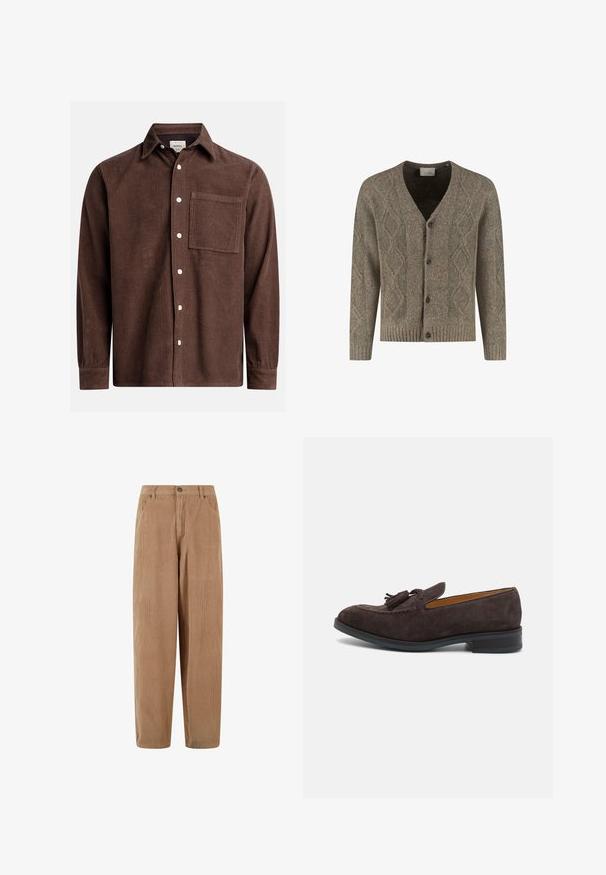Cardigan en tricot marron avec motif en losange, col en V, poignets et ourlet côtelés, et fermeture à bouton sur le devant avec quatre boutons sombres.; Chemise en velours côtelé marron avec un col boutonné, poche avant, boutons blancs et manches longues avec des poignets boutonnés. Détail de tissu texturé.; Pantalon en velours côtelé à jambes larges de couleur marron clair avec poches avant, passants de ceinture et fermeture par bouton à la taille.; Paul Smith LAWSON - Chaussons - brown