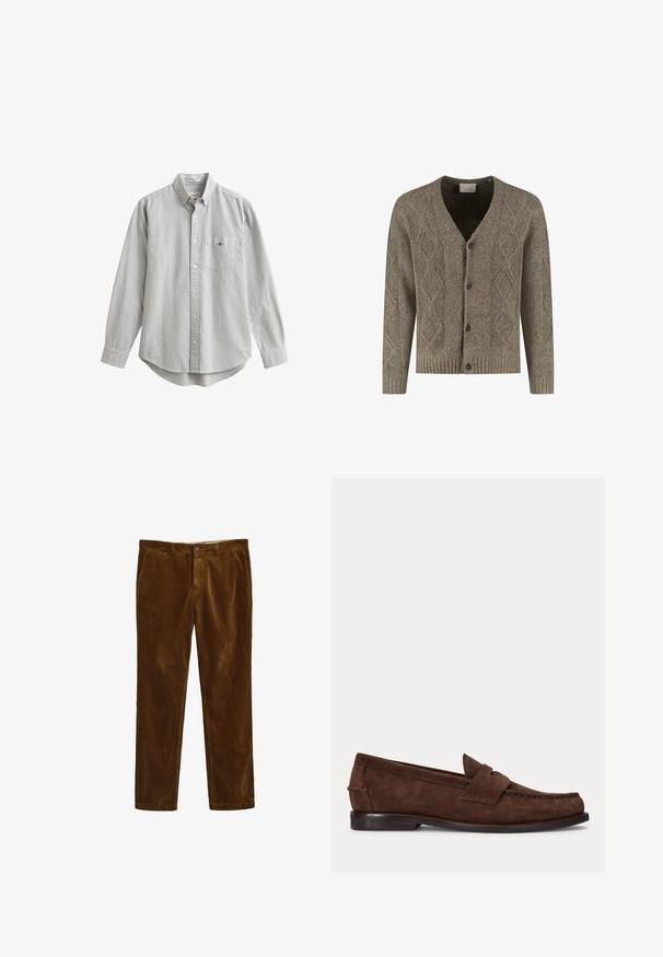 Brun strikket cardigan med diamantmønster, V-udskæring, ribbede manchetter og kant, samt frontknaplukning med fire mørke knapper.; Stribet skjorte med knapper og lange ærmer, lavet af bomuld. Har en lomme på venstre bryst og en buet kant. Farver: hvide og mørkeblå striber.; Brune corduroy bukser med et lige ben-design, der har en frontlukning med knap og to sidelommer. Tekstiler med ribbet mønster.; Brun ruskind penny loafer med lav hæl og synlig syning langs tåen, siden og bagpå, vist på ensartet lys baggrund.