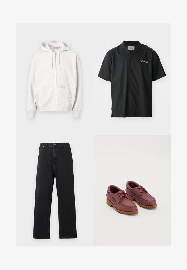Svetlosivá mikina na zips s kapucňou, prednými vreckami, sťahovacími šnúrkami a jemným logom Carhartt na prednom vrecku.; Čierna krátkoprstá košeľa na gombíky s kempovým golierom, so bielym vyšívaným logom na hrudi a voľným strihom.; Čierne džíny s rovnými nohavicami, prednými vreckami, pútkami na opasok, zapínaním na gombíky a viditeľným prešitím švov na jednoduchom pozadí.; Pár tmavočervených kožených námorníckych topánok s hustými svetlohnedými gumovými podrážkami a červenými šnúrkami na bielom pozadí.