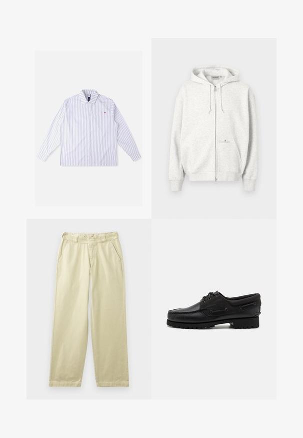 Sudadera con capucha y cremallera en gris claro, con capucha, bolsillos delanteros, cordones ajustables y un sutil logo de Carhartt en el bolsillo frontal.; Camisa blanca de manga larga con rayas verticales azules, cierre de botones en la parte delantera, cuello, bolsillo en el pecho izquierdo y detalle de logo rojo. Tela suave y tejida.; Pantalones de algodón beige con un corte relajado, que cuentan con bolsillos laterales, presillas para cinturón y piernas rectas. Textura suave con detalles mínimos de costura.; Zapato negro con parte superior de cuero, acentos de textil, cordones redondos y suela de goma texturizada. Presenta costura de mocasín y detalle de marca.