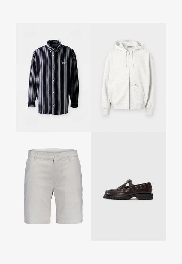 Sweat à capuche gris clair zippé avec capuche, poches avant, cordons de serrage et logo Carhartt subtil sur la poche avant.; Chemise à rayures à manches longues bleu marine et blanche, avec un col boutonné, des boutons sur le devant et un logo brodé sur la poitrine.; Shorts pour hommes en mélange de coton beige clair avec bouton à l'avant, passants pour ceinture et poches avant, présentés de face sur un fond uni.; Hereu SOLLER - Chaussons - dark brown