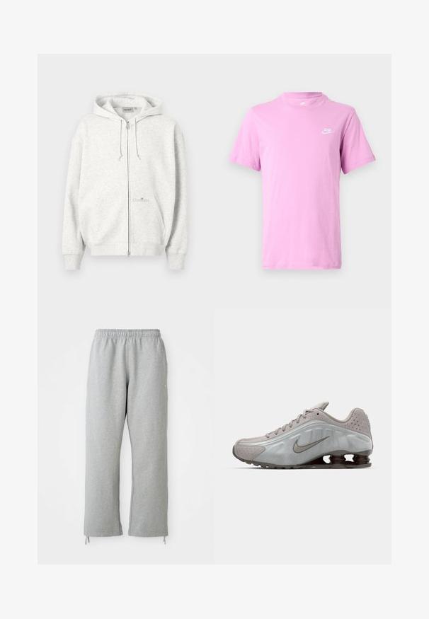 Lysegrå lynlåshættejakke med hætte, forlommer, snoretræk og subtilt Carhartt-logo på forlomma.; Lyse lilla Nike T-shirt med korte ærmer, rund halsudskæring og lille hvid Nike-logo på venstre bryst mod hvid baggrund.; Grå sweatpants med elastisk talje, lige ben og snoretræk ved kanten. Fremstillet af blødt, struktureret stof.; Nike løbesko i lysegrå med en glat tekstur, buet design og synlige støddæmpningsfjeder i mørkebrun ved hælen.