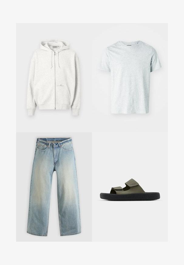 Lysegrå lynlåshættejakke med hætte, forlommer, snoretræk og subtilt Carhartt-logo på forlomma.; Lys grå, kortærmet t-shirt lavet af blødt stof, med en rund hals og en let afslappet pasform. Ingen synlige mønstre eller grafik.; Lyseblå, vidbenede cowboybukser med en falmet finish. Har et standard fem-lomme-design og lukning med metal knap.; Grønne gummisandaler med to justerbare remme og en tekstureret sort sål med et dækmønster. Brandlogo synligt på remmen.