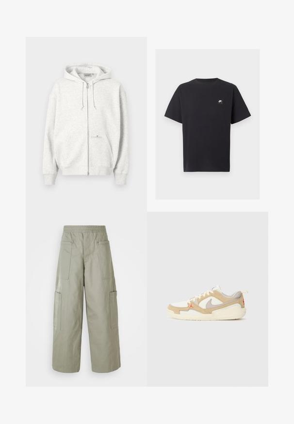 Helehall zip-up kapuutsiga pusa, ees taskud, nöörid ja hägustatud Carhartti logo eesmisel taskul.; Mustad lühikeste varrukatega Nike Air T-särk ümmarguse kaelusega ja vasakul rinnal väikese valge logoga.; Laiad, oliivrohelised cargo-püksid elastse vöökohtadega, mitme tasku ja sileda tekstuuriga. Kokkuklapitav laius allääris.; Valged ja beežid tennised, millel on võrkpaneelid ja seemisnahast detailid, hallid aktsendid, punane logo ja oranž tõmblukk. Ümardatud varvased ja pehmendustega tallakujundus.