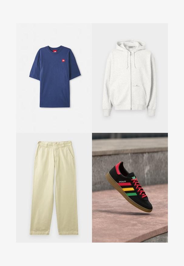 Vaaleanharmaa vetoketjullinen huppari, jossa on huppu, etutaskut, kiristysnauhat ja hillitty Carhartt-logo etutaskussa.; T-paita, joka on sinimusta ja lyhythihainen, valmistettu puuvillasta. Paita on pyöreäkauluksinen ja siinä on pieni punainen logopatchi rinnassa.; Beiget puuvillaiset housut rentolla istuvuudella, joissa on sivutaskut, vyölenkit ja suorat lahkeet. Sileä pinta ja vähäiset ompelut.; Musta Adidas Spezial -lenkkikenkä, jossa punaiset, keltaiset ja vihreät raidat, punaiset nauhat, kuminainen pohja ja punainen kantakiinnitys, ilmassa leijumassa asfaltin yläpuolella.