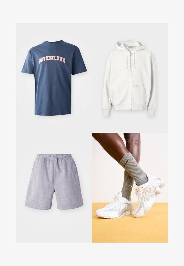 Svetlosivá mikina na zips s kapucňou, prednými vreckami, sťahovacími šnúrkami a jemným logom Carhartt na prednom vrecku.; Námornícky modré tričko s krátkym rukávom s nápisom "QUIKSILVER" v bielych a ružových písmenách v štýle univerzitného písania cez hruď.; Svetlomodré pásikavé šortky s elastickým pásom, vyrobené z mäkkej látky. Obsahujú bočné vrecká a voľný strih, ideálne na neformálne nosenie.; Biele tenisky Nike so striebornými akcentmi, vybavené textúrovanými panelmi a perforáciami. Spárované so šedými rebrovanými ponožkami, umiestnené na žltom pozadí.