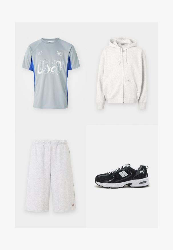 Svetlosivá mikina na zips s kapucňou, prednými vreckami, sťahovacími šnúrkami a jemným logom Carhartt na prednom vrecku.; Športové tričko s krátkym rukávom v šedej a modrej farbe. Obsahuje nápis "OBEY" v bielej písanke, s logami na hrudi a rukáve. Vyrobené z ľahkej tkaniny.; Svetlosivé krátke nohavice dĺžky po kolená s elastickým pásom a malým logom značky na spodnej ľavej nohe.; Čierne a šedé športové topánky s hornou časťou z mikrovlákna a zamatu, s bielou medzipodrážkou, šnúrkami a výrazným logom "N" na boku.