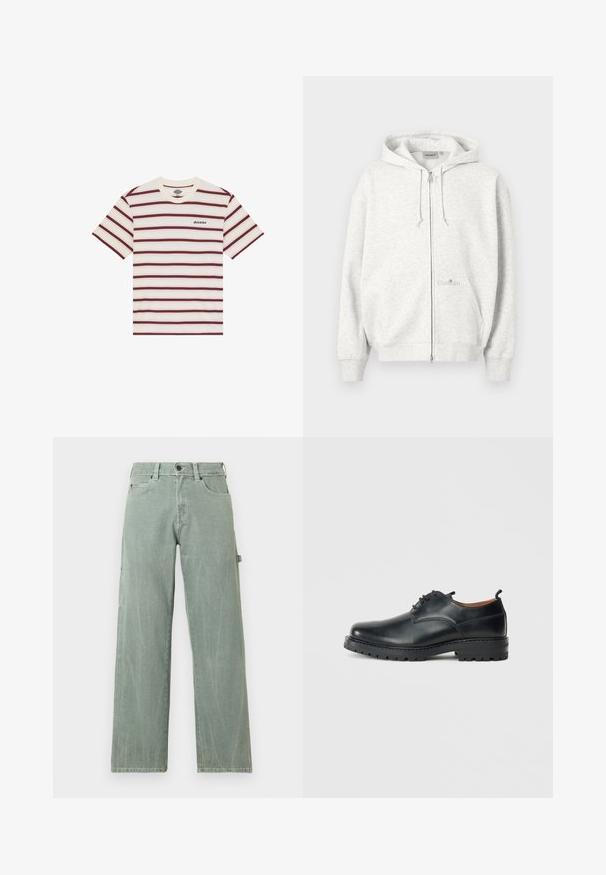 Lysegrå lynlåshættejakke med hætte, forlommer, snoretræk og subtilt Carhartt-logo på forlomma.; Kortærmet T-shirt med vandrette maroon- og cremefarvede striber, med "Dickies" logo broderet på venstre bryst.; Lysegrønne cowboybukser med vide ben lavet af denim, der har et klassisk design med fem lommer og subtile slidte detaljer.; Sorte læder derby-sko med en glat overflade, rund tå, snøre-design og en tyk, robust gummisål.