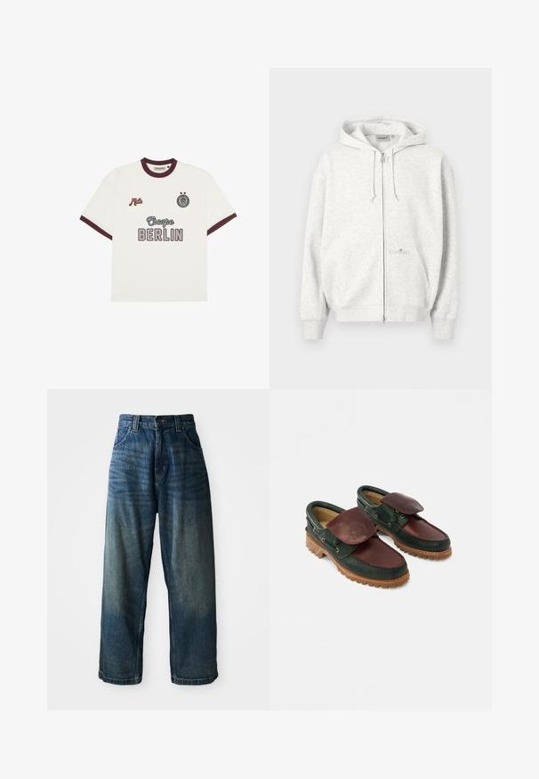 Sudadera con capucha y cremallera en gris claro, con capucha, bolsillos delanteros, cordones ajustables y un sutil logo de Carhartt en el bolsillo frontal.; Camiseta blanca de manga corta con ribete burdeos, texto "Escape BERLIN" en el centro del frente, "Mitte" en el lado izquierdo del pecho y un emblema circular con dos estrellas en el lado derecho del pecho.; Jeans de mezclilla azul de pierna ancha con un acabado desgastado. Presenta cinco bolsillos, un cierre de botón y costuras en contraste. Tejido pesado.; Zapatos de cuero con cuerpo verde oscuro, parte superior burdeos, puntera redonda, solapa asegurada y suela de caucho texturizada con crestas.