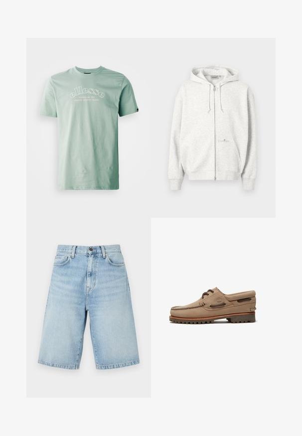 Hellgrauer Kapuzenpullover mit Reißverschluss, Kapuze, Fronttaschen, Kordelzug und dezentem Carhartt-Logo auf der Fronttasche.; Ellesse QUESCO TEE - T-Shirt print - green; Hellblaue Denim-Shorts bis zum Knie mit Fronttaschen, Gürtelschlaufen und Knopfverschluss.; Beiger Wildleder-Bootsschuh mit Schnürung, robusten Sohlen, Leder-Schnürsenkeln und gepolstertem Kragen, mit Timberland-Logo an der Seite.