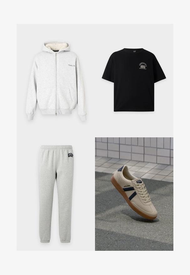 Grijze ritshoodie van zacht, gestructureerd materiaal, met een fleece voering en twee voorzakken. Klein logo detail op de borst.; Zwart T-shirt met korte mouwen, klein wit GAP-logo en de tekst “American Style Athletic Sports” op de linkerborst. Effen achtergrond.; Grijze sweats met een elastische tailleband, cuffed enkels, en een marineblauwe "GAP" logo op de linker boven dij. Zachte, katoenen stofmix.; Beige sneaker met een textuurafwerking, marineblauwe strepen en een rubberen zool. Heeft een gevoerde tong en een traditioneel vetersysteem voor een veilige pasvorm.