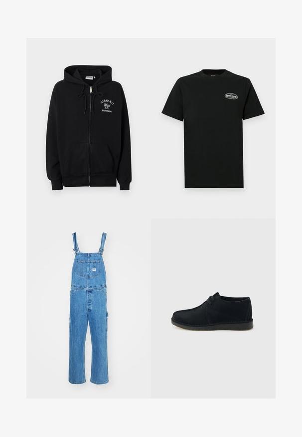 Musta vetoketjullinen huppari, jossa etutaskut, kiristysnauhalla varustettu huppu ja vasemmassa rinnassa valkoinen teksti "Carhartt Wip Eightynine".; Mustapaita, jossa on lyhyet hihat, pyöreä kaula-aukko ja pieni graafinen logo vasemmassa rinnassa valkoisena ja harmaana.; Farkkuhaalarit, joissa on säädettävät olkaimet, leveät lahkeet ja etutasku, jossa on etiketti. Vaaleansininen väri, jossa on teksturoitu pinta.; Musta mokkanahkainen matalakärkinen nauhakenkä krep-pohjalla, sivukuva vaaleanharmaalla taustalla.