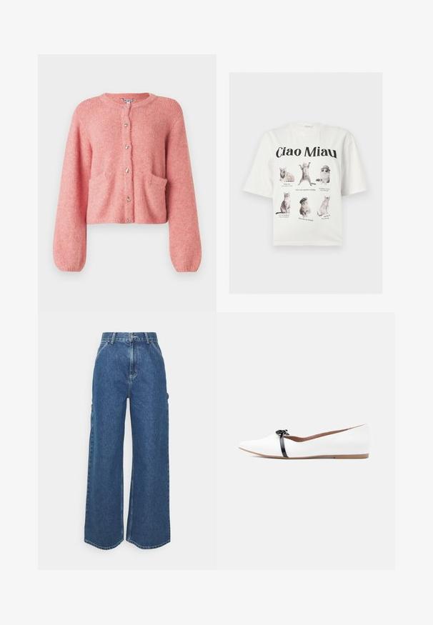 Lyserød cropped cardigan lavet af blødt materiale, med rund halsudskæring, lange ærmer, forlommer og skinnende knaplukninger.; Hvid T-shirt med seks katte i forskellige positurer og billedtekster som "Væk mig", "Modeikon" og "Dette er min superhelte-landning."; Bredde ben blå denimbukser med høj talje, kontrastsyede sømme og sidelommer, med et klassisk fem-lomme design og rå kanter.; Hvid balletflat med spids tå, med en sort stroplukning og sløjfedetalje tværs over forfoden. Glat overflade og diskret hæl.