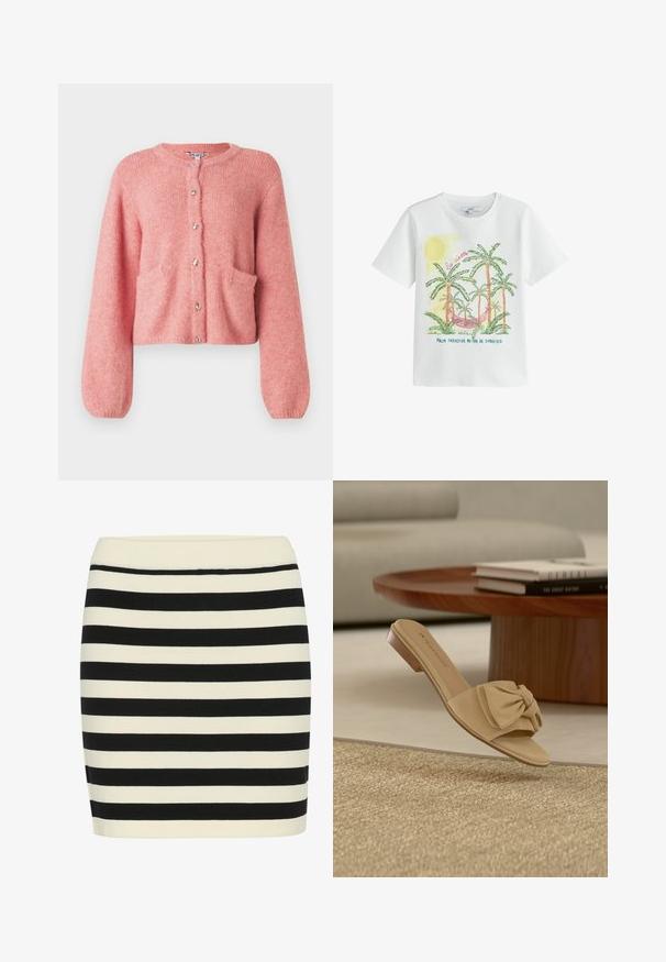 Lyserød cropped cardigan lavet af blødt materiale, med rund halsudskæring, lange ærmer, forlommer og skinnende knaplukninger.; Hvid T-shirt med farverigt tryk af palmer, en rød hængekøje, gul sol og teksten "la siesta" og "Palm paradise in Rio de Janeiro."; Sort og creme stribet strikskørt, tætsiddende pasform, med ribbet talje. Vandre striber skifter bredde for visuel tekstur.; Beige slip-on sandal med en dekorativ knyttet sløjfe foran og en lav træsål, placeret ved et rundt træ-sofabord med bøger.