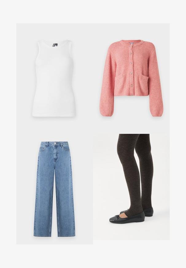 Cardigan court rose en matériau doux, avec un col rond, des manches longues, des poches avant et des fermetures à boutons brillants.; Débardeur blanc à côtes avec un col rond et sans manches, fabriqué en un doux mélange de coton avec une silhouette ajustée.; Jean large bleu clair en denim. Caractéristiques : taille haute, passants pour ceinture, poches avant et une poche arrière. Texture lisse.; Jambes portant des leggings côtelés foncés associés à des ballerines noires avec de petits détails en nœud sur fond blanc.