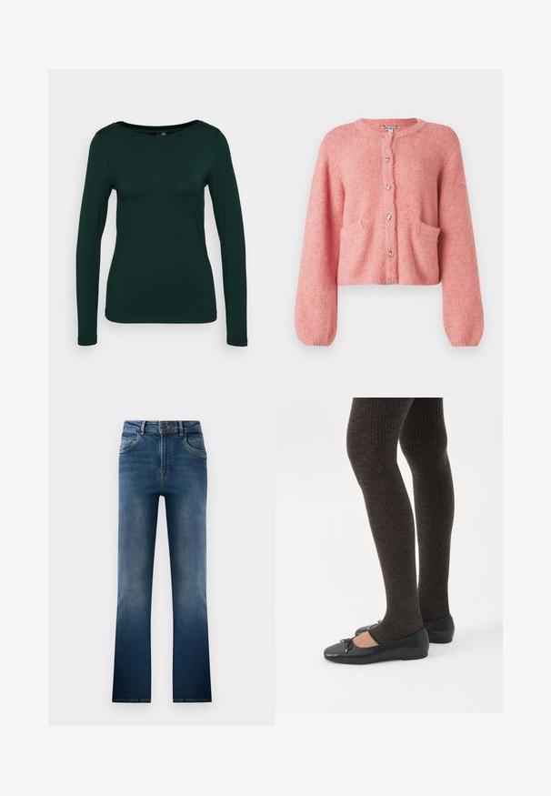 Roze cropped cardigan van zacht materiaal, met een ronde hals, lange mouwen, voorzakken en glanzende knoopsluitingen.; Langemouwige top in donker groen, gemaakt van zachte stof. Heeft een ronde halslijn en een getailleerd ontwerp met naadloze randen. Minimalistische stijl.; Donkerblauwe denim flared jeans, met een vervaagde wassing, vijf zakken en riemlussen. Klassiek ontwerp met een sluiting met een knoop aan de voorkant.; Benen met donkere geribbelde leggings gecombineerd met zwarte ballerina's met kleine strikdetails op een witte achtergrond.