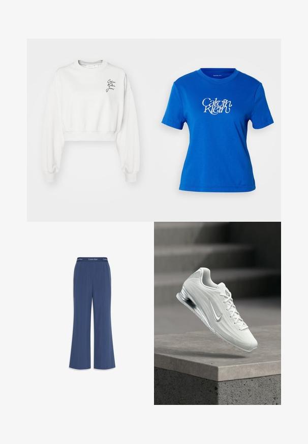 Biely kratký sweatshirt s dlhými rukávmi, rebrovanými manžetami a klasickým golierom. Má čierne písmo s logom na ľavej hrudi.; Modrá bavlnená tričko s okrúhlym výstrihom, krátkymi rukávmi a bielym logom "Calvin Klein" potlačeným na prednej strane.; Námornícky široké nohavice vyrobené z mäkkého materiálu s hladkou textúrou. Obsahujú elastický pás so značkou "Calvin Klein" pozdĺž vrchu.; Biela teniska Nike so strieborným logom Swoosh, air-cushion podrážkou a šnúrkami, zobrazená vznášajúca sa nad betónovým blokom.