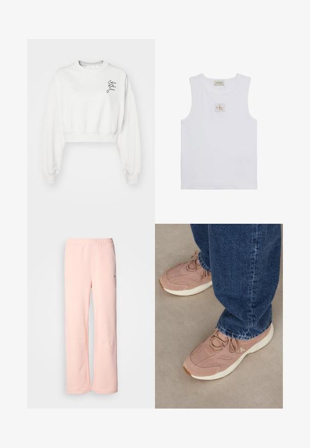 Sudadera blanca corta con manga larga, puños acanalados y cuello redondo. Presenta un logotipo en script negro en el área del pecho izquierdo.; Camiseta sin mangas blanca con etiqueta Calvin Klein Jeans en el pecho y una etiqueta cerca del escote sobre un fondo blanco liso.; Pantalones de chándal de algodón rosa con un diseño de pierna ancha, cinturilla elástica y detalles de costura mínimos. Presenta una pequeña etiqueta de logo en el costado.; Zapatillas deportivas de un rosa claro con una parte superior de ante texturizado, que presentan una suela blanca y un branding sutil, combinadas con jeans de mezclilla azul oscuro.