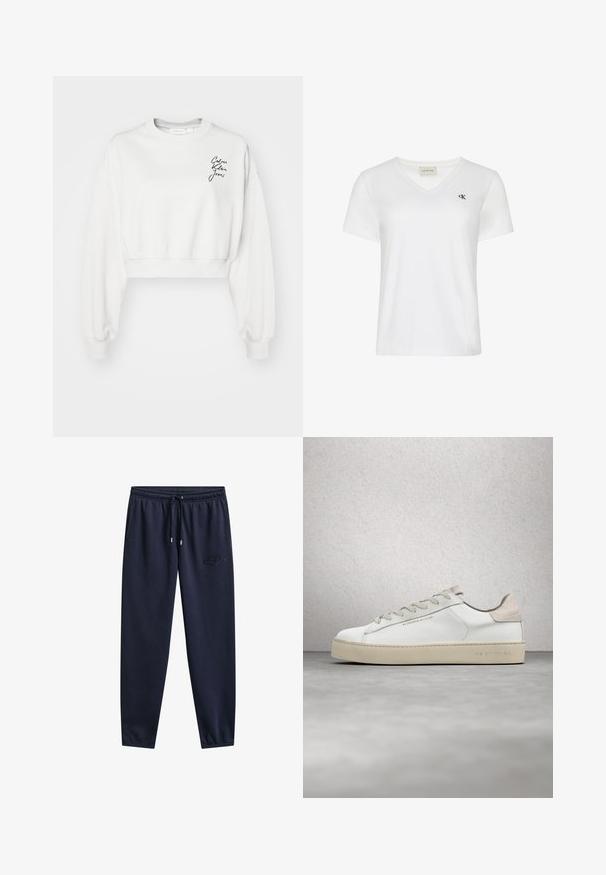 Hvid cropped sweatshirt med lange ærmer, ribbede manchetter og rund halsudskæring. Har et sort skriftlogo på venstre brystområde.; Hvid kortærmet V-hals T-shirt med lille sort "cK" logo på venstre bryst og Calvin Klein Jeans label inde i halsudskæringen.; Navyblå joggingbukser med elastisk talje, snøre, sidelommer, smalle ben og subtilt broderet logo på højre lår.; Hvide lædersneakers med en glat overflade, beige ruskindsdetaljer, rund tå, flad snørebåndsdesign og en struktureret gummisål.