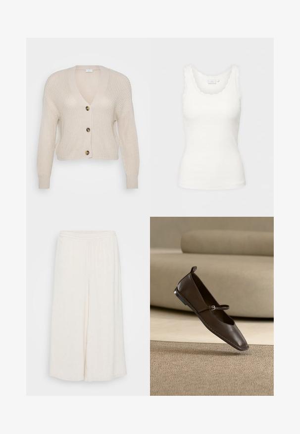 Crème gebreide cardigan met een V-hals, lange mouwen en vier grote bruine knopen aan de voorkant; textuurstof en cropped fit.; Witte geribde tanktop met gegolfde halslijn en mouwranden, getoond tegen een effen lichte achtergrond.; Witte linnen culottes met een elastische taille, brede benen en een textuur. Het kledingstuk heeft een losse, ontspannen pasvorm voor comfort.; Donkerbruine leren Mary Jane platte schoen met een klein gespje, rechtop geplaatst op een beige tapijt voor een lichtgekleurde bank.